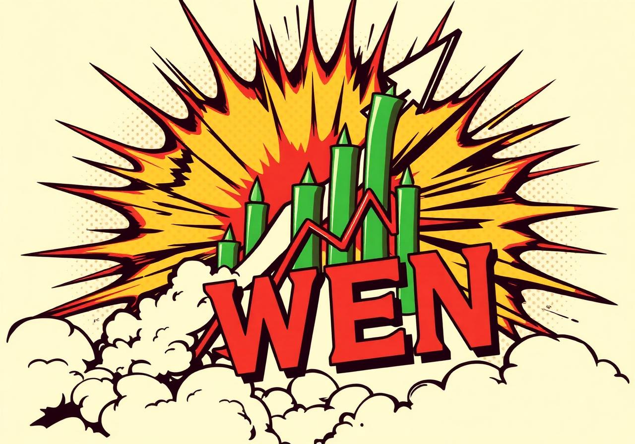 Comic-style explosion behind green stock candles with the WEN ticker rocketing upward.